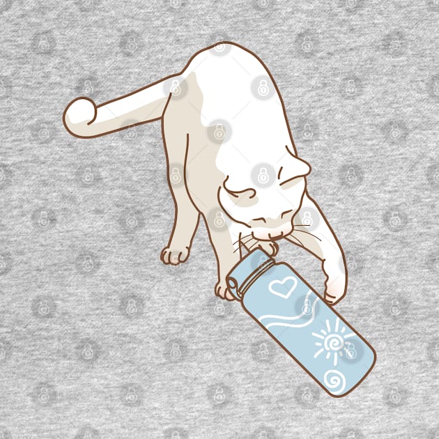 White cat knocking blue water bottle by Wlaurence